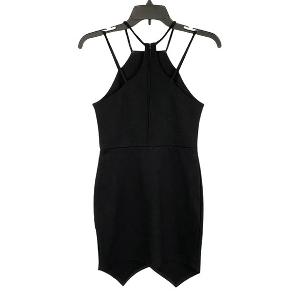WINDSOR | Black Spaghetti Strap Asymmetrical Hem Mini Slim Bodycon Dress - Picture 7 of 14